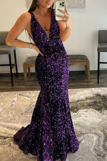 Bmbridal V-Neck Mermaid Sleeveless Prom Dress With Beadings