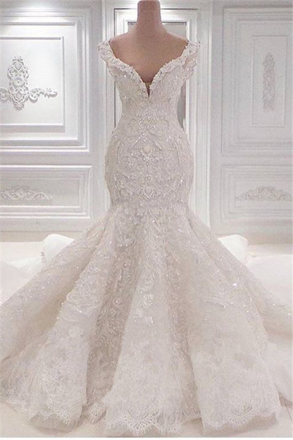 Unique Ruffles Floor-Length Mermaid V-Neck Wedding Dress with Appliques Lace