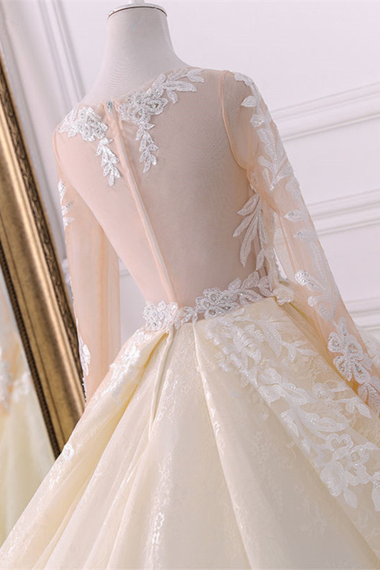 BMbridal Gorgeous Jewel Champagne Tulle Lace Wedding Dress Long Sleeves Appliques Bridal Gowns Online-BMbridal