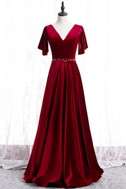 BMbridal Chic V-Neck Ruffles Burgundy Prom Dresses Short Sleeves A-Line Party Dresses with Rhinestones Sash-BMbridal