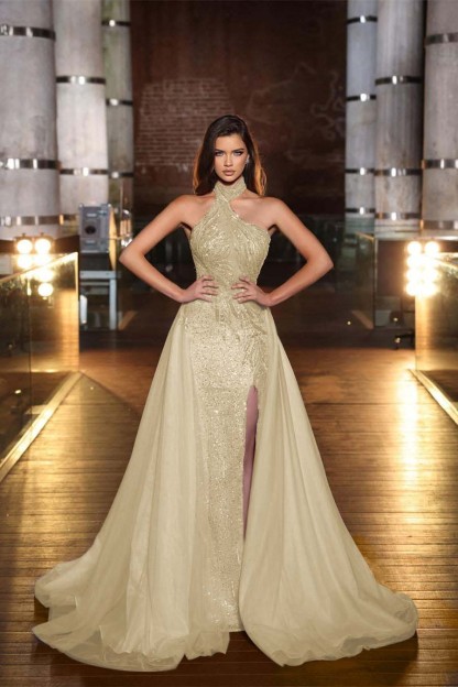 Purple Halter Mermaid Prom Dress Tulle Ruffles With Split Appliques