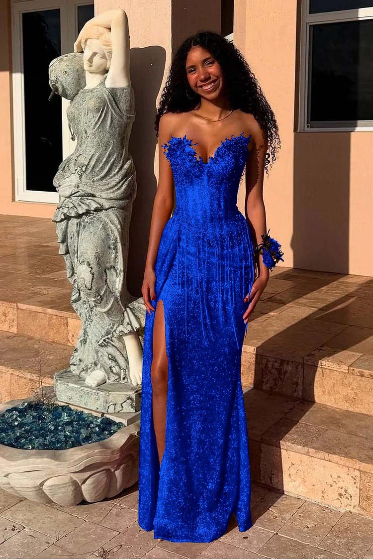 Red Strapless Sleeveless Long Mermaid Prom Dress With Sequins Split