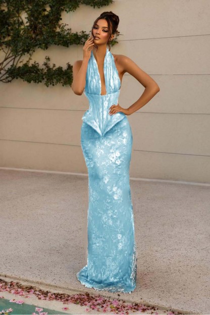 Halter V Neck Sleeveless Long Mermaid Prom Dress With Appliques