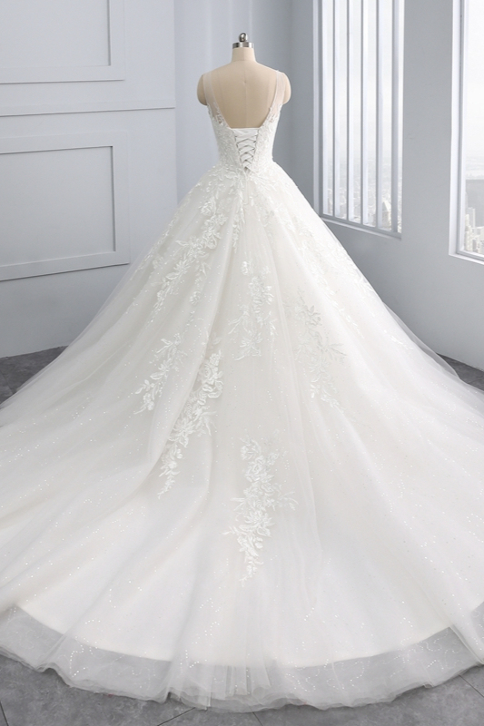 BMbridal Affordable Ball Gown Jewel Tulle Lace Wedding Dress Ruffles Sleeveless Appliques Bridal Gowns Online-BMbridal