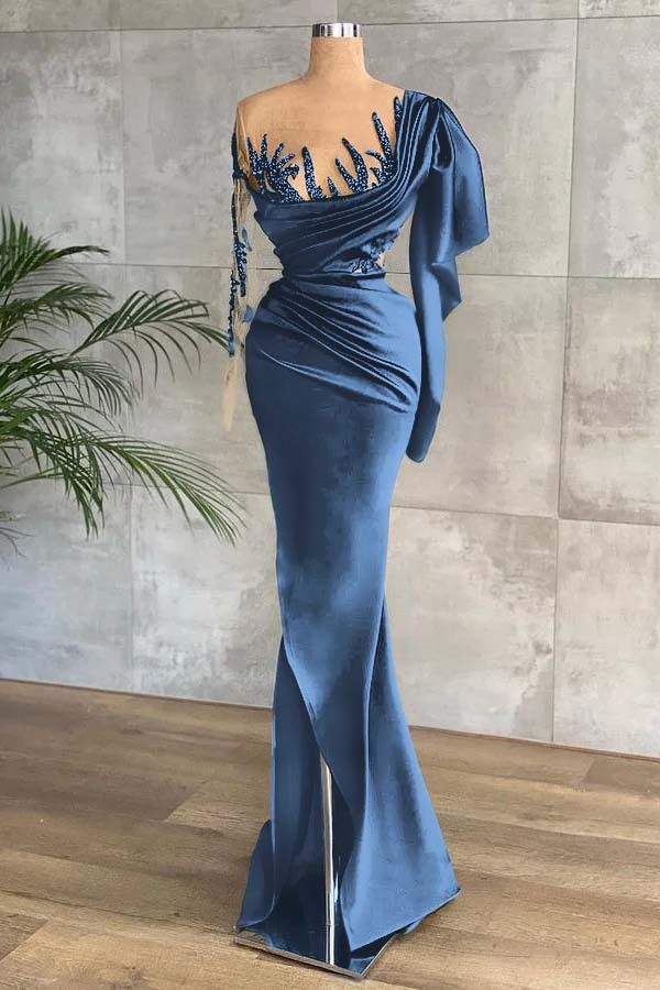 Green Long Sleeves Mermaid Side Split Prom Dress With Appliques