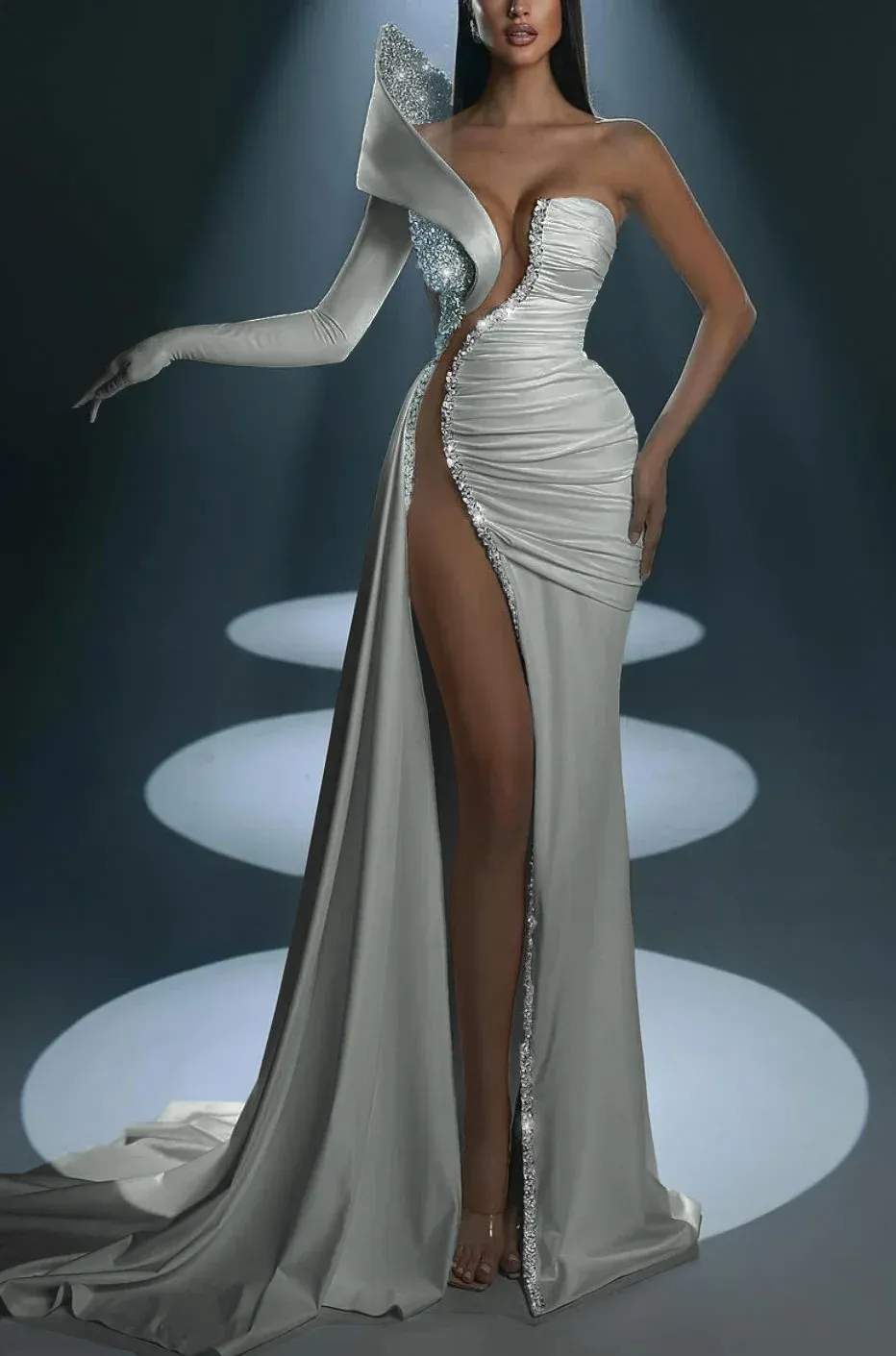 White Prom Dress With Gloves Long Mermaid One Shoulder With High Slit