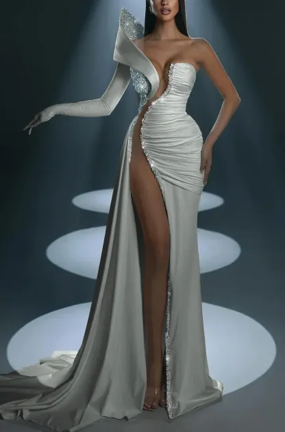 White Prom Dress With Gloves Long Mermaid One Shoulder With High Slit