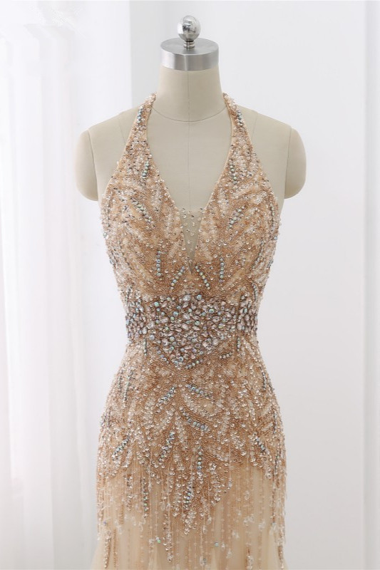 BMbridal Elegant Tulle Halter Rhinestones Mermaid Prom Dresses Sleeveless Appliques Online
