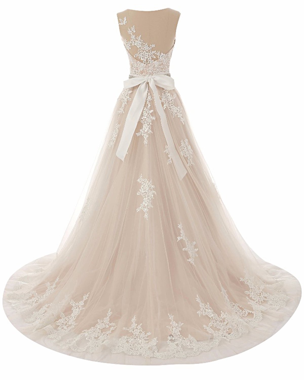 BMbridal Glamorous Creamy Tulle Round Neck Long Wedding Dress White Lace Applique Bridal Gowns On Sale-BMbridal