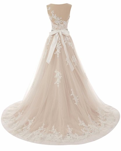 BMbridal Glamorous Creamy Tulle Round Neck Long Wedding Dress White Lace Applique Bridal Gowns On Sale-BMbridal