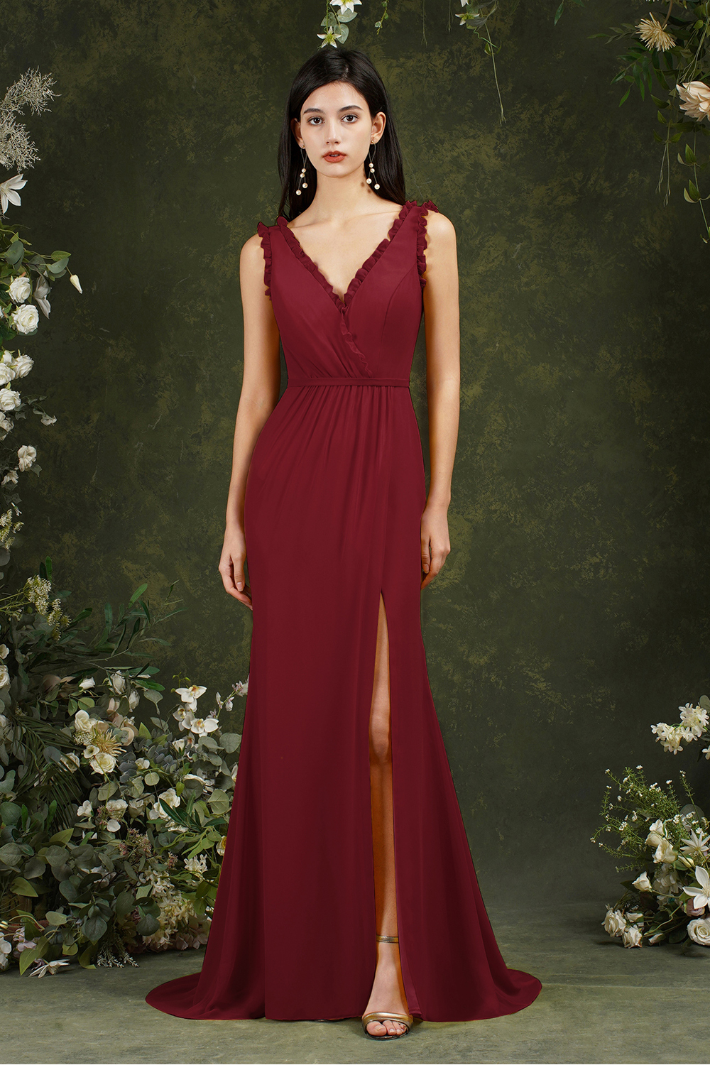 BMbridal V-Neck Bridesmaid Dress Chiffon With Slit-BMbridal