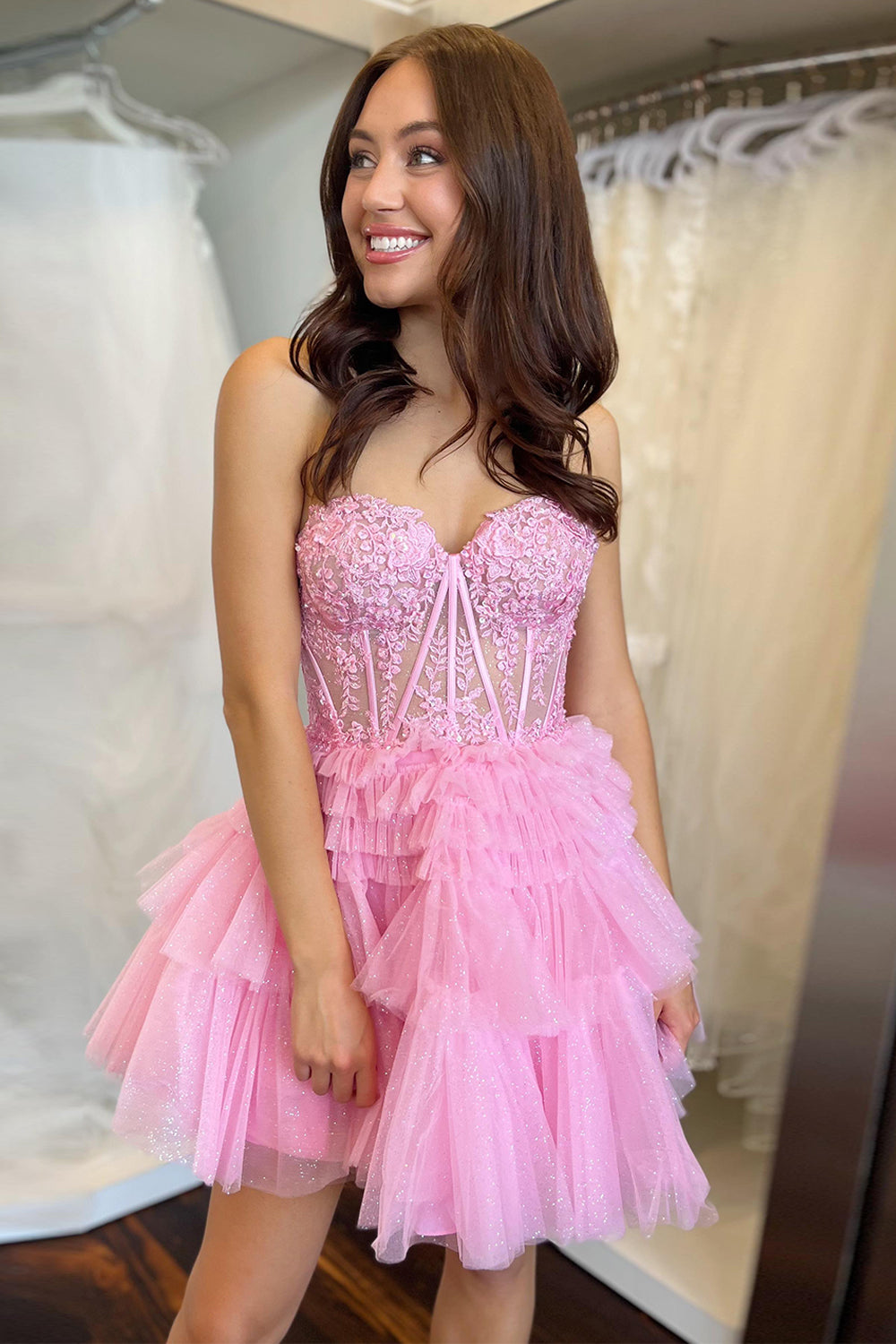 Sparkly Lilac Corset A Line Tiered Short Homecoming Dress with Lace-BMbridal