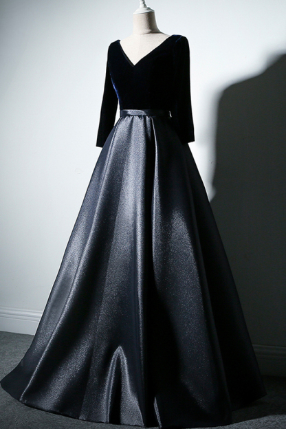 BMbridal Elegant V-Neck Satin A-Line Prom Dresses Long Sleeves Party Dresses On Sale