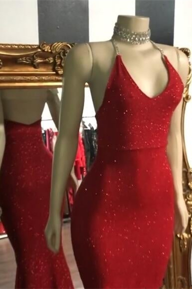 Glamorous Halter Neck Mermaid Sleeveless Red Long Prom Dress With Sequins
