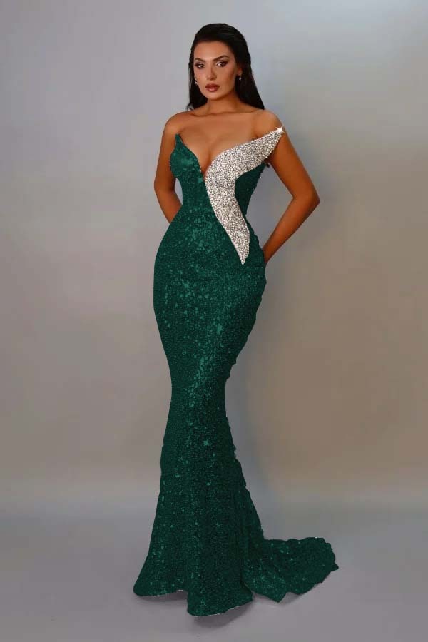 Sequins Strapless Sleeveless Long Mermaid Prom Dress With Pleated