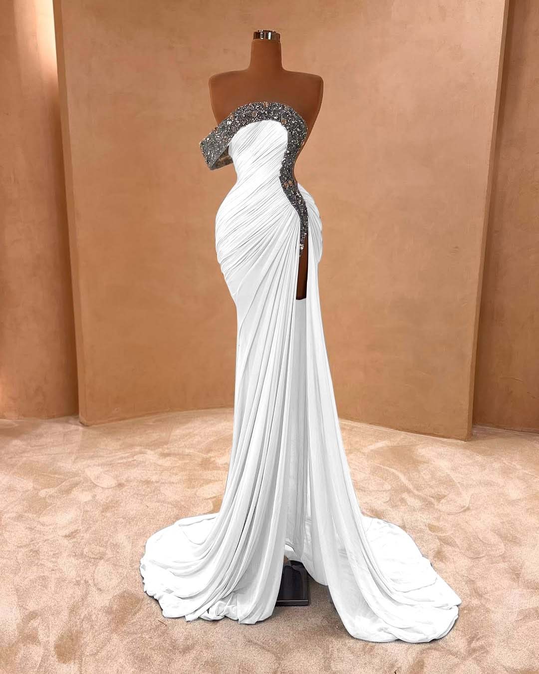 One Shoulder Sleeveless Long Split Prom Dress With Pleated Sequins