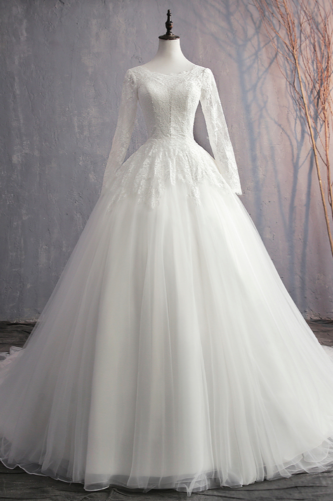 BMbridal Glamorous Jewel White Tulle Lace Wedding Dress Long Sleeves Appliques Bridal Gowns On Sale