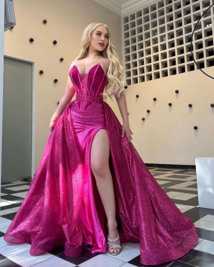 Amazing Fuchsia Sweetheart Prom Dress Mermaid Overskirt Sequins With Beads