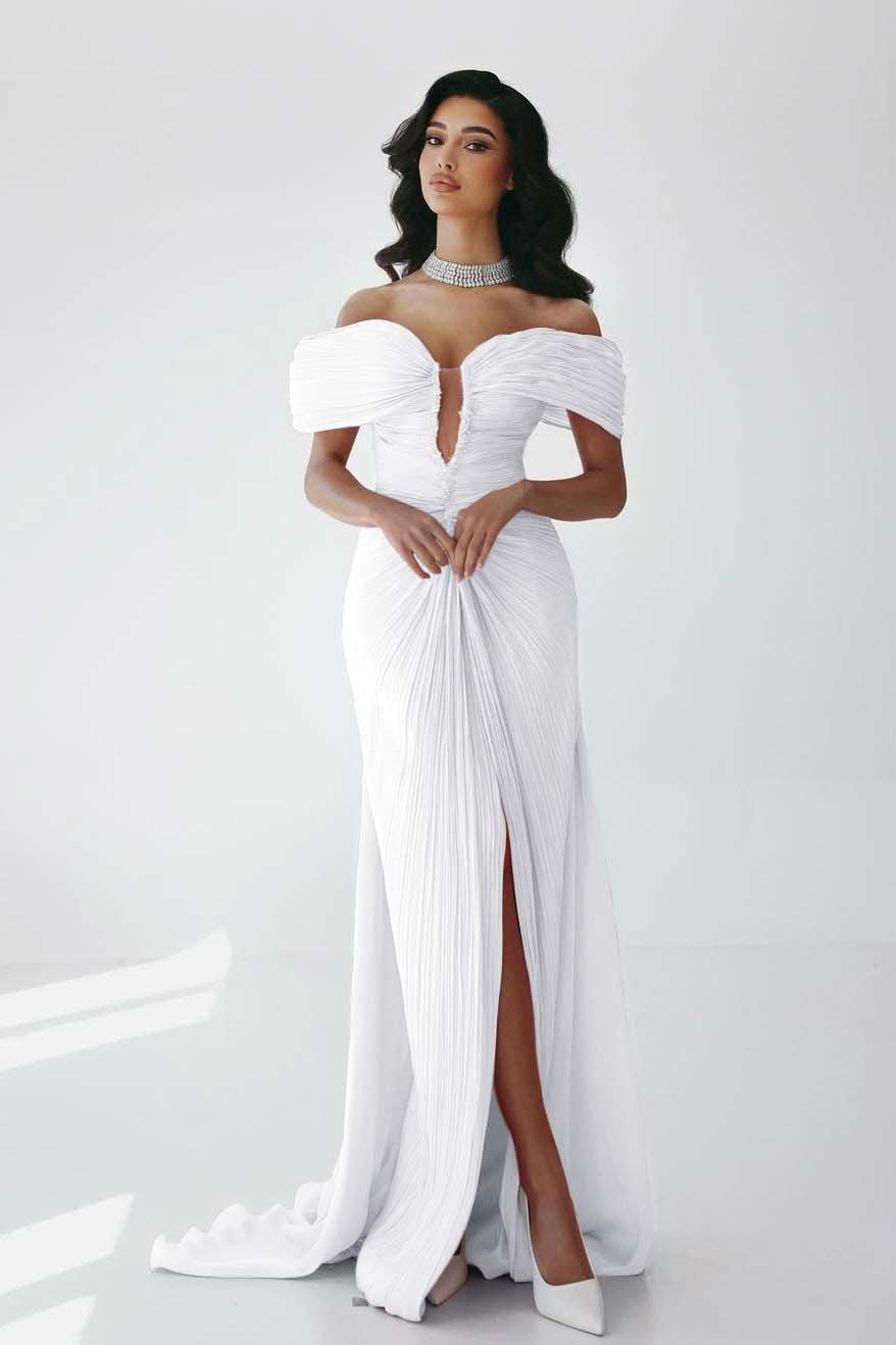 Off the Shoulder Sleeveless Long Mermaid Prom Dress With Ruffles Pleated