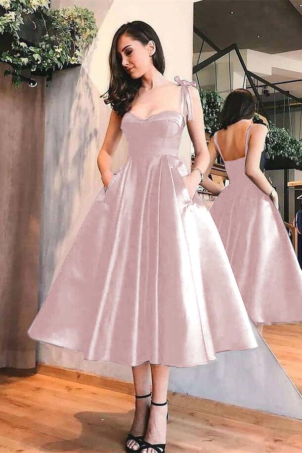 Sweetheart Black A Line Spaghetti Strap Tea Length Evening Dress With Pockets