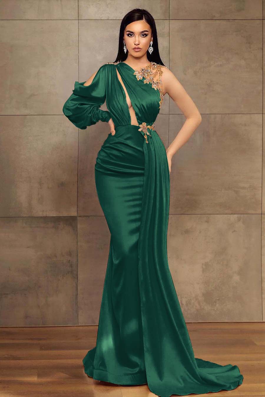 Chic Mermaid One Shoulder Long Sleeve Pleated Long Prom Dress With Beadings