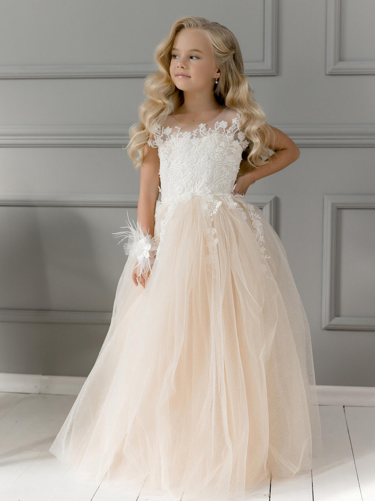 Champagne Shinning Sleeveless Ball Gown Flower Girls Dress With Lace-BMbridal