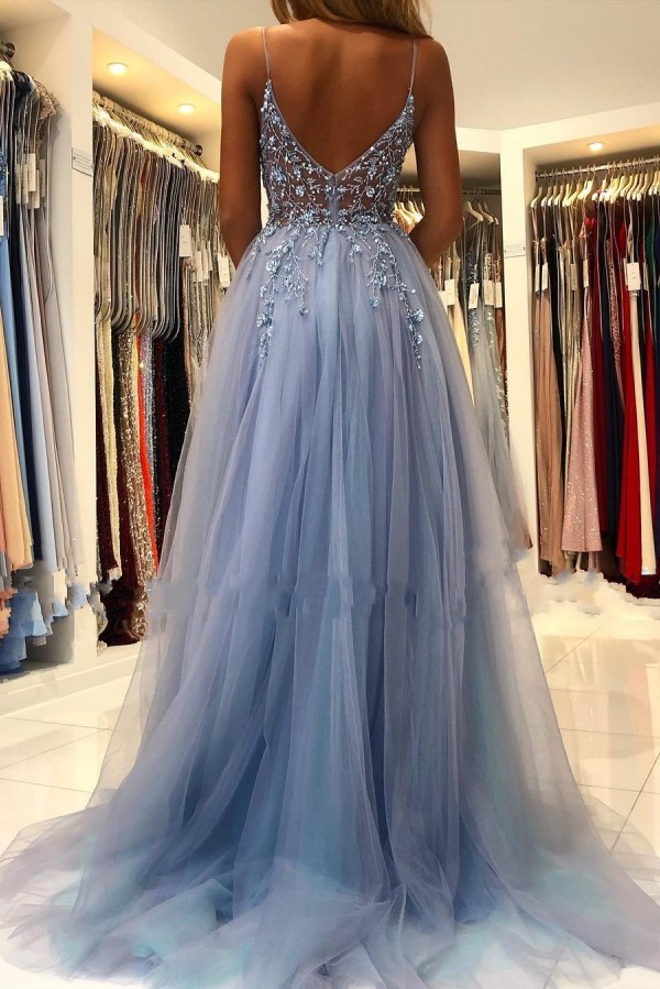 Bmbridal Blue Spaghetti-Straps Prom Dress Tulle Slit Evening Dress With Beads