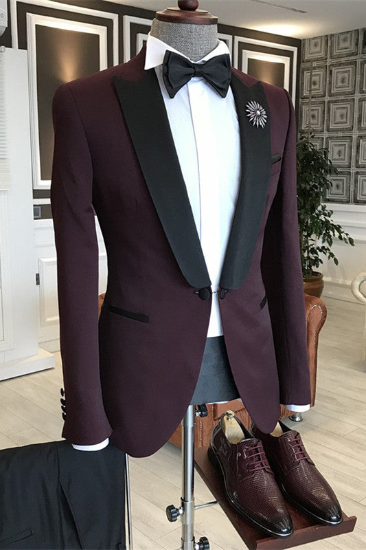 Dark Burgundy Two Pieces Wedding Suits Black Peaked Lapel Prom Suits-BMbridal