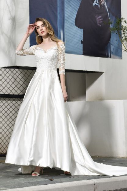 BMbridal Elegant A-Line Satin Lace 3/4 Sleeves Ankle Length Wedding Dress