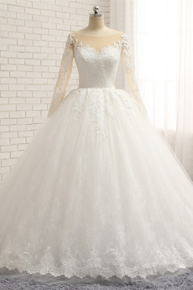 BMbridal Affordable White Tulle Ruffles Wedding Dresses Jewel Longsleeves Lace Bridal Gowns With Appliques Online-BMbridal