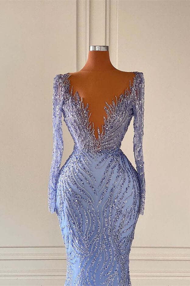 Deluxe Floor Length V-Neck Long Sleeves Mermaid Satin Prom Dress with Beads-BMbridal.com