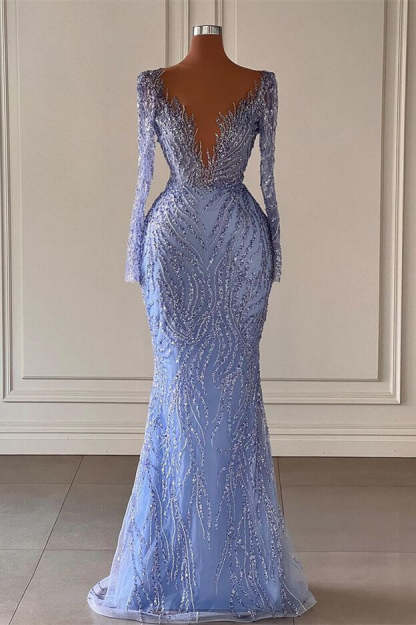 Deluxe Floor Length V-Neck Long Sleeves Mermaid Satin Prom Dress with Beads-BMbridal.com