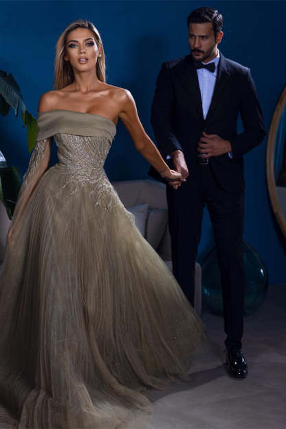 Designer A-line Off-the-shoulder Long Sleeves Sequined Prom Dress-BMbridal.com