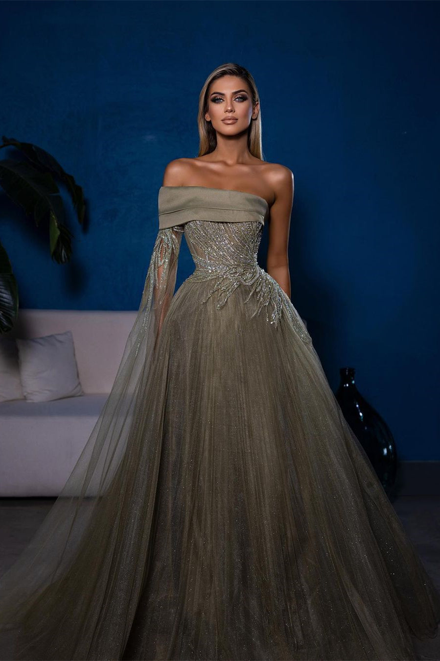 Designer A-line Off-the-shoulder Long Sleeves Sequined Prom Dress-BMbridal.com