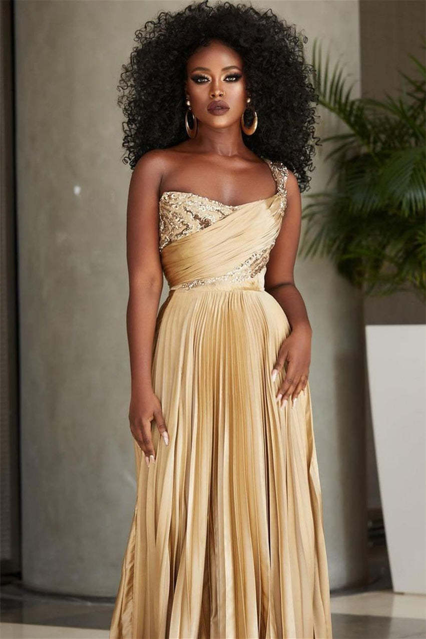 Designer A-line One Shoulder Sequined Prom Dress With Slit-BMbridal.com