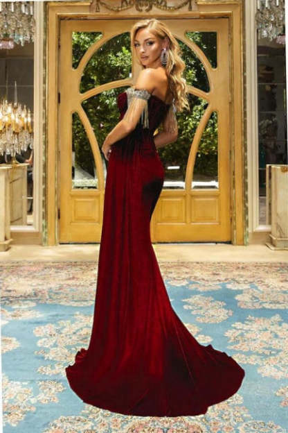 Designer Burgundy Off-the-shoulder Velvet Long Prom Dresses Evening Gowns With Slit-BMbridal.com