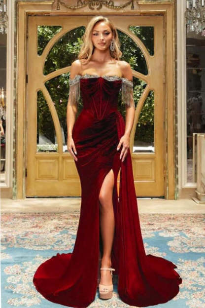 Designer Burgundy Off-the-shoulder Velvet Long Prom Dresses Evening Gowns With Slit-BMbridal.com