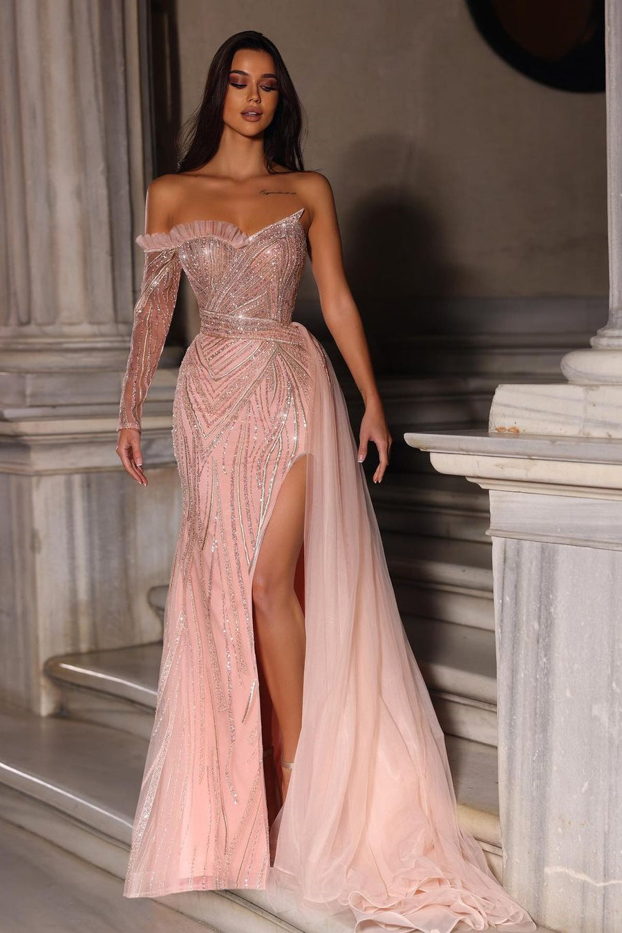 Designer Long A-line Off-the-shoulder Lace Long Sleeve Tulle Prom Dress With Slit-BMbridal.com