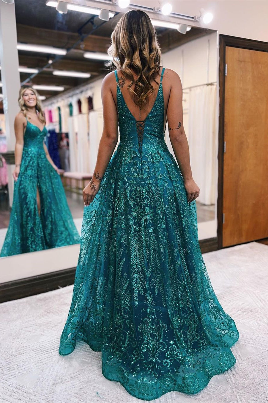 Designer Long A-line Spaghetti Straps Lace Sleeveless Prom Dress With Slit-BMbridal.com
