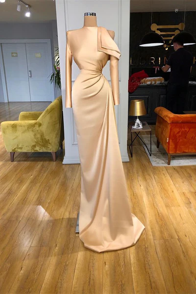 Designer Long Champagne Mermaid Satin Prom Dress With Long Sleeves-BMbridal.com