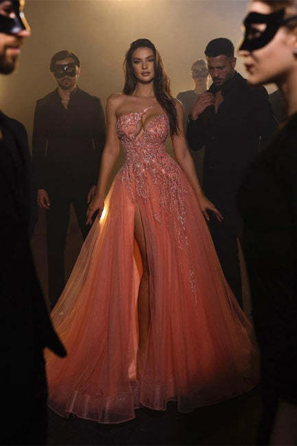 Designer Long Coral A-line One Shoulder Beading Sleeveless Evening Dresses With Slit-BMbridal.com