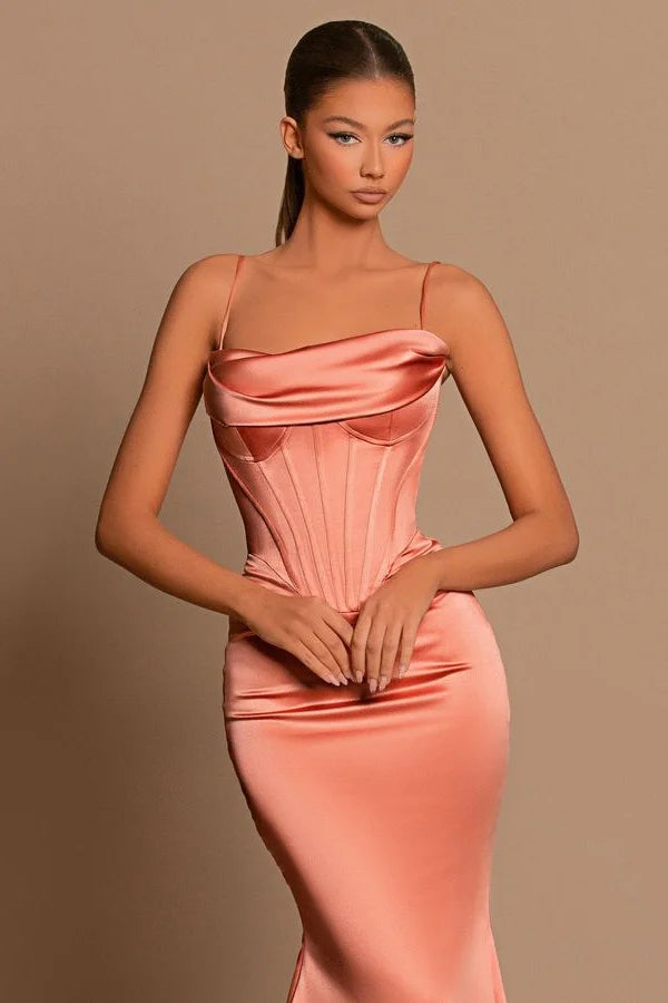 Designer Long Coral Spaghetti Straps Mermaid Sleeveless Prom Dress-BMbridal.com