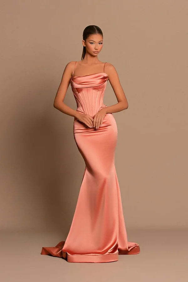 Designer Long Coral Spaghetti Straps Mermaid Sleeveless Prom Dress-BMbridal.com