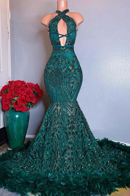 Designer Long Dark Green Halter Sleeveless Lace Prom Dress-BMbridal.com