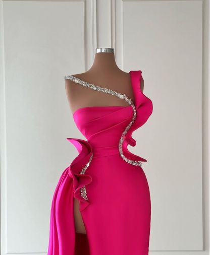Designer Long Glitter Sleeveless Split Front Prom Dress With Ruffles-BMbridal.com