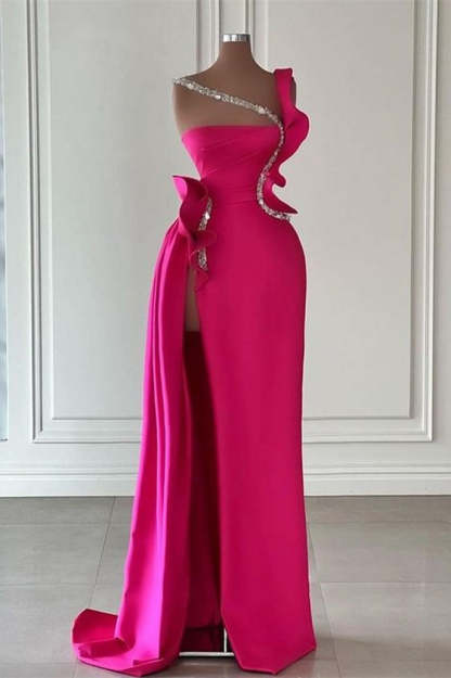 Designer Long Glitter Sleeveless Split Front Prom Dress With Ruffles-BMbridal.com