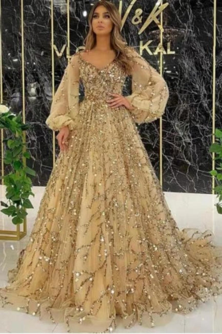 Designer Long Gold A-line Lace Sequined Long Sleeves Evening Dresses With Glitter-BMbridal.com