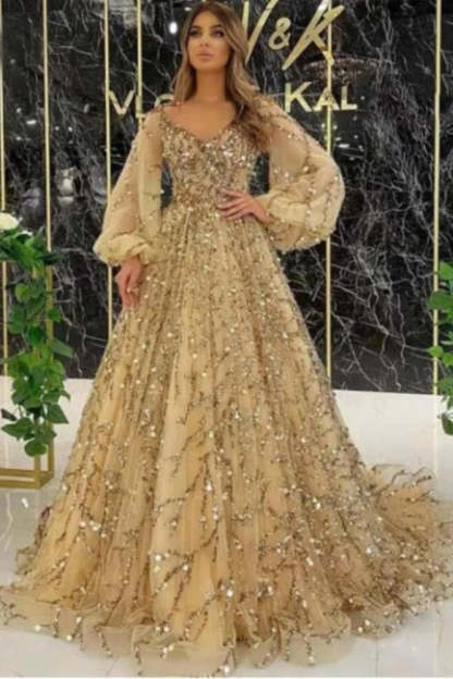 Designer Long Gold A-line Lace Sequined Long Sleeves Evening Dresses With Glitter-BMbridal.com