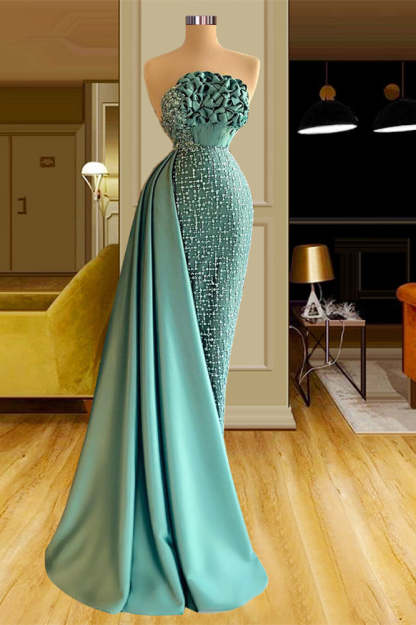 Designer Long Green Mermaid Sleeveless Beading Prom Dress With Ruffles-BMbridal.com