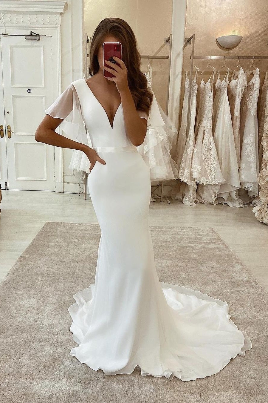 Designer Long Mermaid White Satin Tulle Short Sleeves Wedding Dress With Train-BMbridal.com